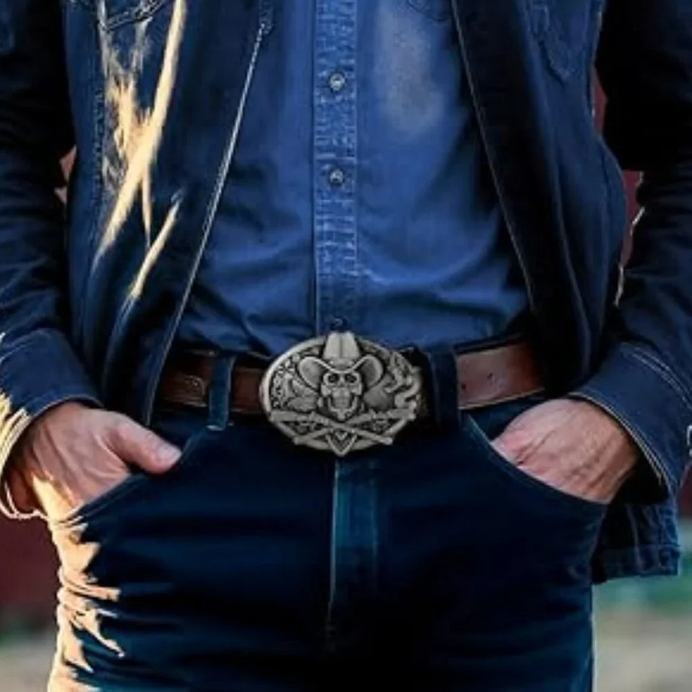 Cowboy‎ Skull Belt Buckle Big Silver Belt Buckle Western American